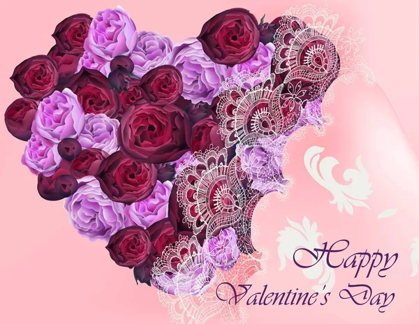 Bonne carte de Saint-Valentin avec pivoines fleur forme de coeur vectoriel réaliste — Image vectorielle