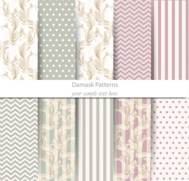 Acanthus altın yaprak vektör belirleme. Barok süsleme dekor. Antika arka plan. Pastel renk kumaş dokular