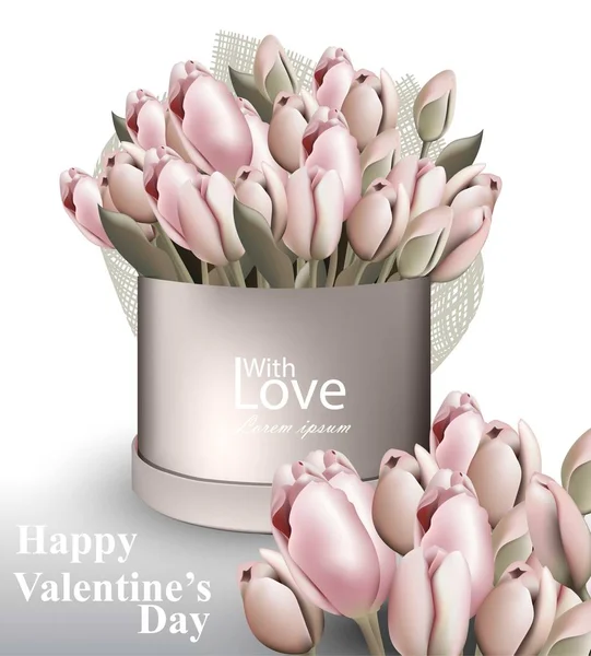 Lale çiçek buketi kutusu vektör gerçekçi. Sevgililer günü kartı romantik. Teslimat çiçek — Stok Vektör