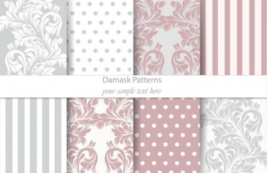 Damask desenler vektör ayarlayın. Barok süsleme dekor. Antika arka plan. Son moda renk kumaş dokular