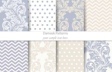 Damask desenler vektör ayarlayın. Barok süsleme dekor. Antika arka plan. Pastel mavi renk kumaş dokular