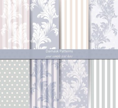 Şam desen vektör ayarlayın. Barok süsleme dekor. Antika arka plan. Pastel mor renk kumaş dokular