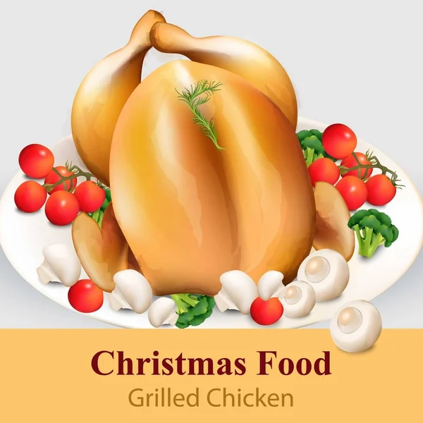 Ayam panggang dengan sayuran Vektor realistis. Templat tata letak halaman menu terinci ilustrasi - Stok Vektor
