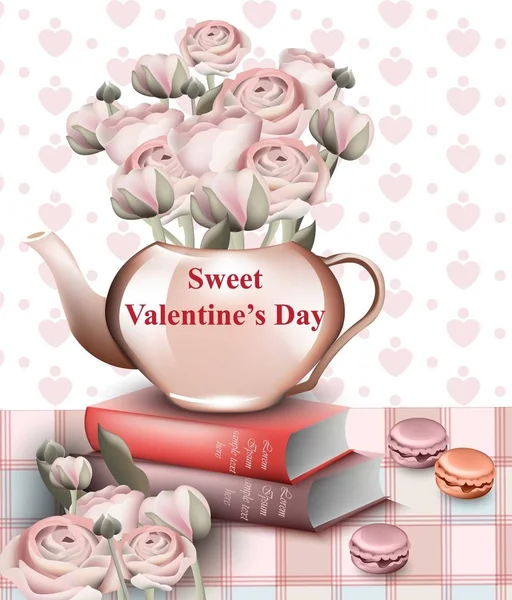 Biglietto di San Valentino dolce con fiori di carta rosa in una pentola. Sfondi stile vettoriale retrò — Vettoriale Stock