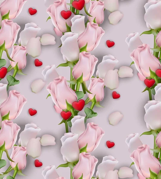 Rosa flores y corazones patrón de fondo. ilustraciones vectoriales — Vector de stock