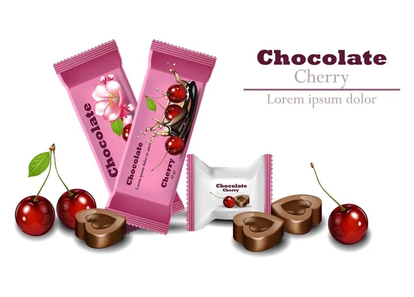 Kersen chocolade Vector realistisch. Producten merk logo ontwerp van de verpakking mock up — Stockvector