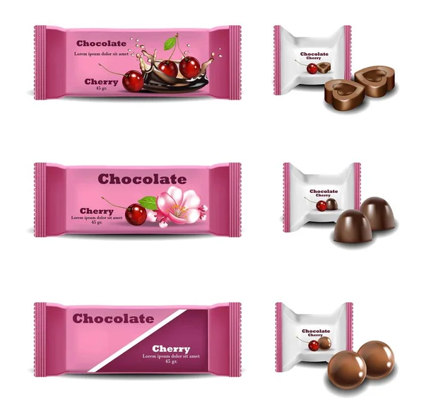 Chocolates de cereza Vector realista. Diseño del logotipo de la marca de embalaje de productos — Vector de stock