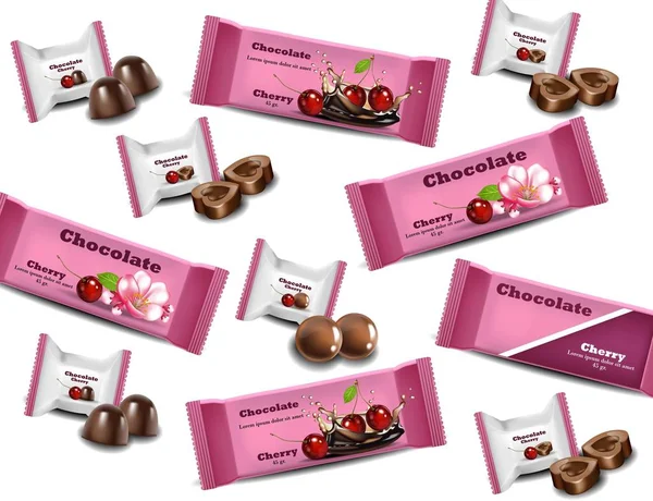 Chocolates de cereza Vector realista. Diseño del logotipo de la marca de embalaje de productos — Vector de stock