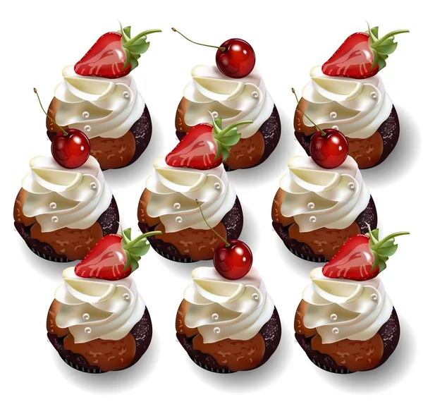 Deliciosos cupcakes com morango e cereja Vector —  Vetores de Stock