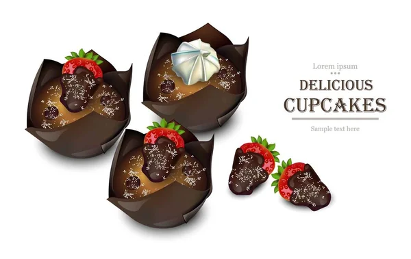 美味的巧克力松饼矢量。草莓香精 — 图库矢量图片