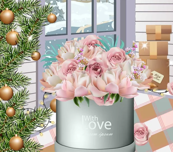Beau bouquet de roses et décorations d'hiver Vecteur réaliste — Image vectorielle