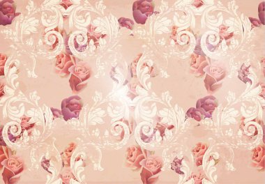 Vintage çiçek gül ve Barok süs vektör desen. Grunge eski kağıt doku arka plan