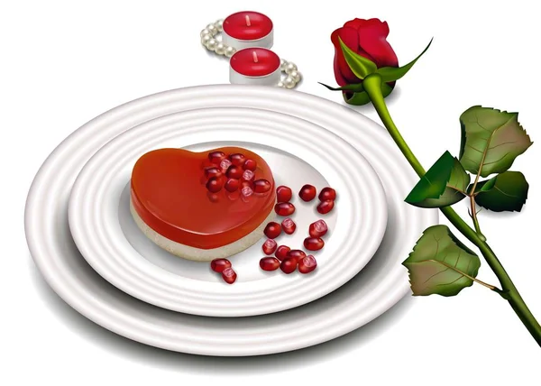 Kształt serca deser wektor realistyczne. Słodki romantyczny Valentine dzień karta kolory czerwony i biały miękkie. Czerwona róża i świece — Wektor stockowy