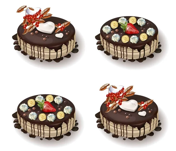 Deliciosos pasteles con chocolate y frutas Vector — Archivo Imágenes Vectoriales
