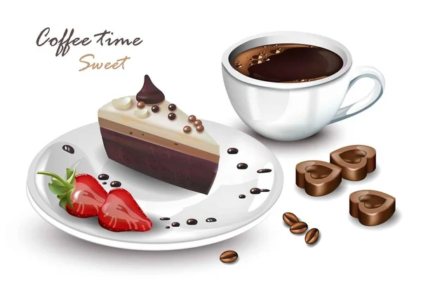 Filiżanka kawy i Plasterek ciasta słodki wektor realistyczne. Karty Coffeetime — Wektor stockowy