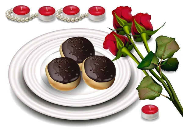 Schokolade Profiteroles und rote Rosen Vektor realistisch — Stockvektor