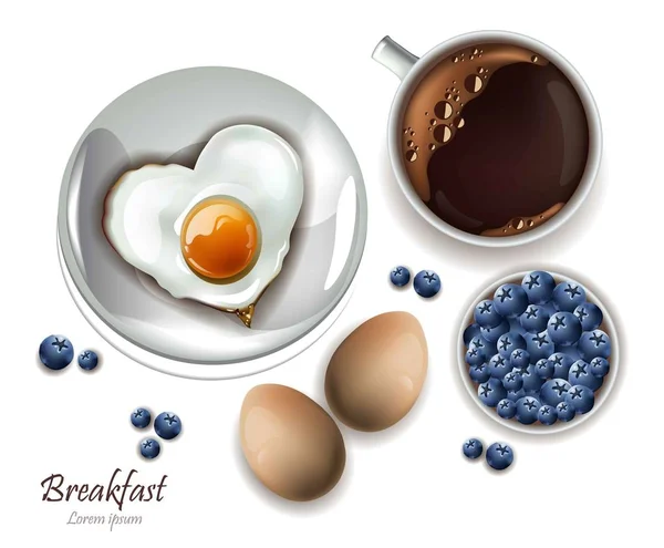 Taza de té y huevos desayuno. Vector realista Menú de diseño, página, libros de cocina — Vector de stock