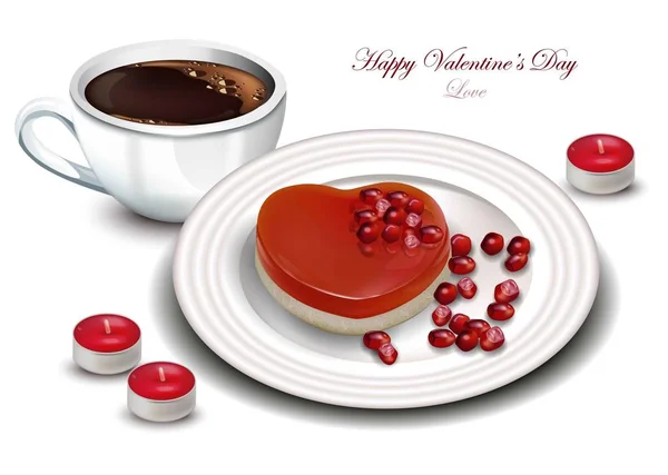 Dessert a forma di caffè e cuore Vector realistico. Dolce romantico San Valentino carte — Vettoriale Stock