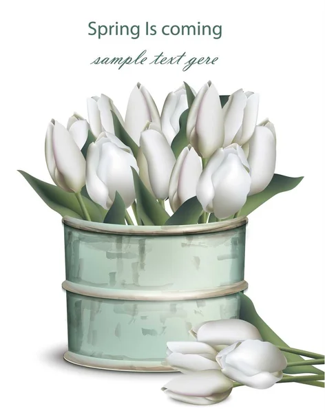 Ramo de flores de tulipán en un florero vintage Vector realista — Vector de stock