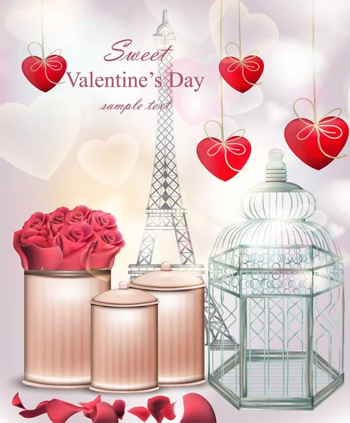 Cartão de dia de Valentim doce com flores e corações Vector — Vetor de Stock