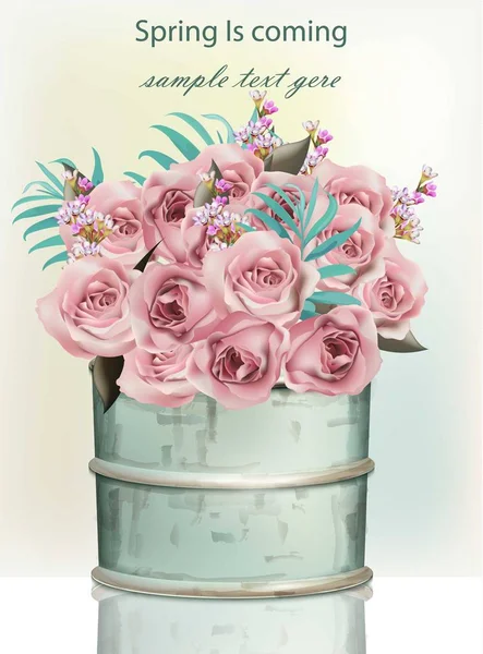 Pink Rose flowers bouquet in a vintage vase Vector realistic — Stock Vector