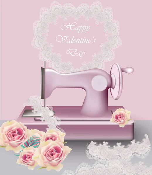 Máquina de coser Decoración vintage. Retro provence Vector rosa flores — Archivo Imágenes Vectoriales