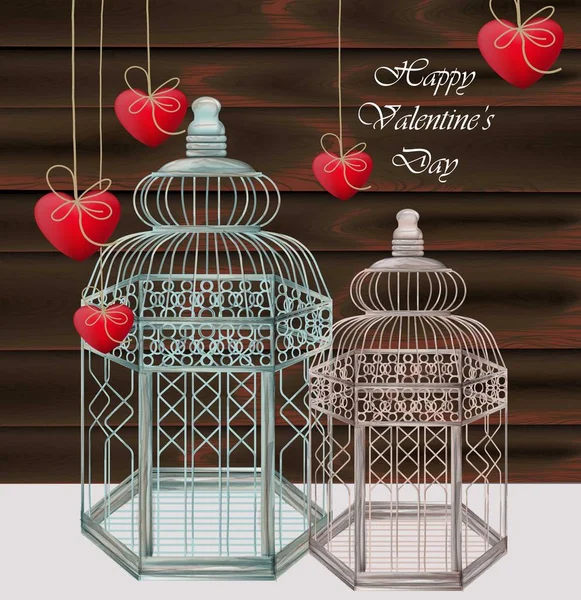 Jaulas para pájaros Vector realista. Feliz tarjeta de San Valentín — Archivo Imágenes Vectoriales