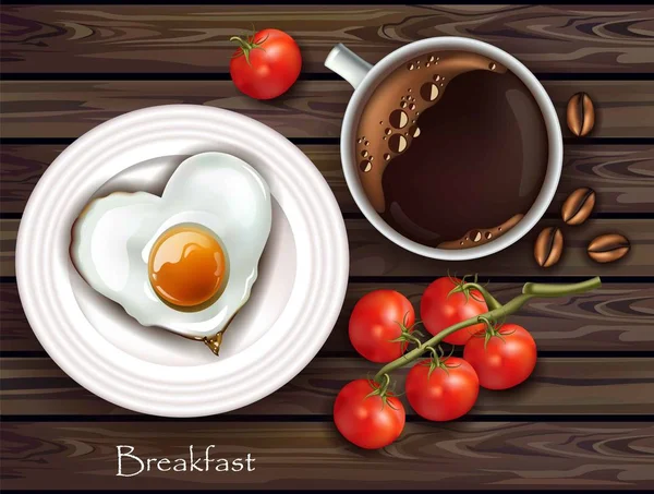 Vector realistic breakfast egg and coffee. Wooden texture background. Top view — Stock Vector