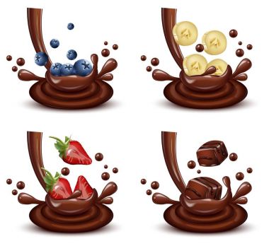 Çikolata sıçrama ile farklı meyve ayarla mix vektör gerçekçi