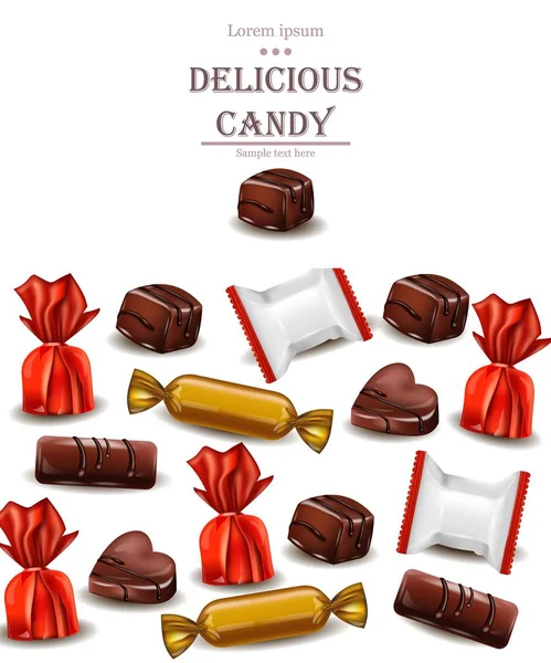 Deliciosos chocolates tarjeta de caramelo Vector ilustraciones realistas — Vector de stock