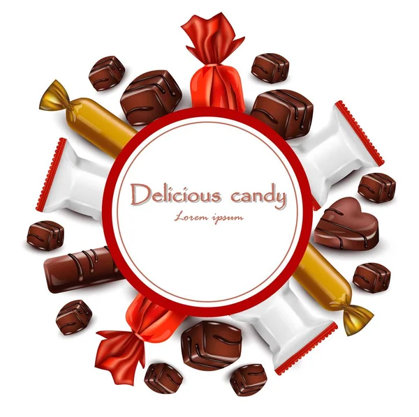 Deliciosos chocolates de caramelo redondo tarjeta Vector ilustraciones realistas — Archivo Imágenes Vectoriales