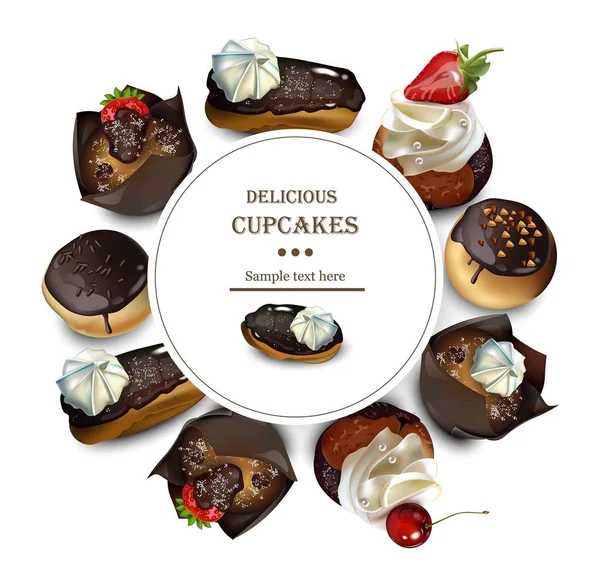 Deliciosos pasteles redondos tarjeta Vector ilustraciones realistas — Vector de stock