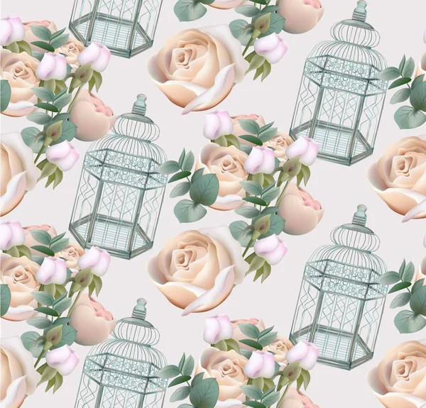 Roses fleurs et cage Modèle vectoriel fond — Image vectorielle