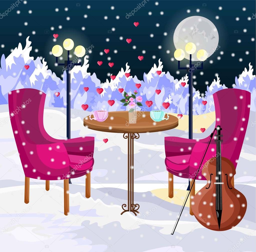 Romantic dinner in the air Vector. Snowing winter mountains backgrounds