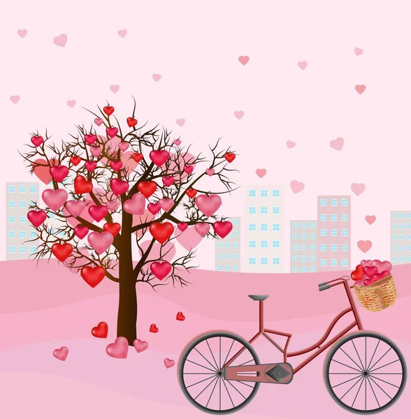 Hjärtan älskar träd och cykeluthyrning romantiska bakgrund vektor — Stock vektor