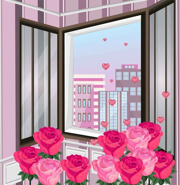 Vista romántica a través de la ventana Vector. Rosas y corazones decorados — Archivo Imágenes Vectoriales