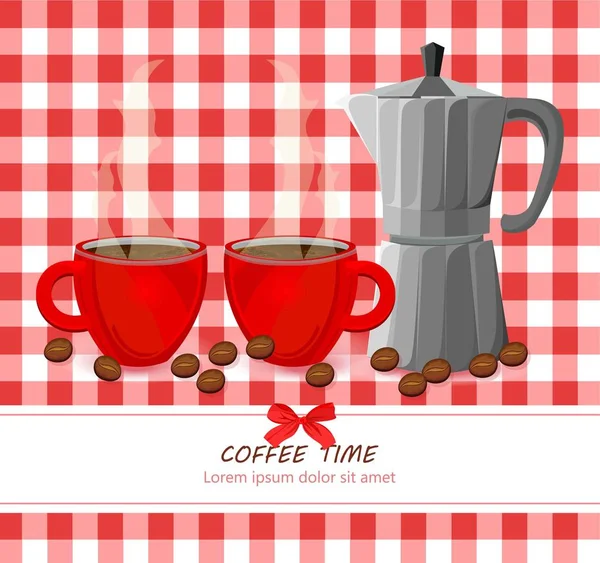 Red koffie kopjes op pastel patroon Vector — Stockvector