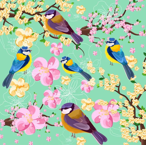 Flores de cerezo flor rama y patrón de aves. Textura de primavera fondo ilustraciones — Vector de stock