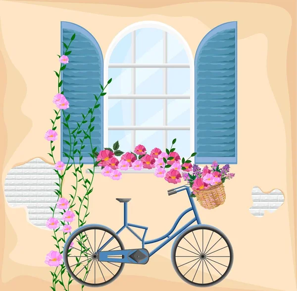 Ventana vintage con flores. Bicicleta y ramo floral primavera temporada fondo Vector — Vector de stock
