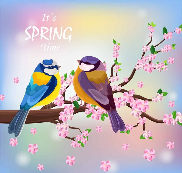 Las aves vectoriales se unen en una rama de flores de cerezo Blossom. Primavera fondo ilustraciones — Archivo Imágenes Vectoriales