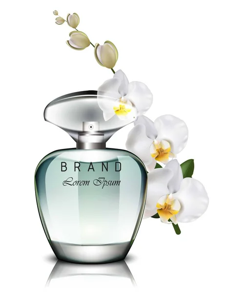 香水瓶ベクター現実的なモックを。繊細な蘭の花の香り。3 d デザイン図白で隔離を包むプロダクト — ストックベクタ