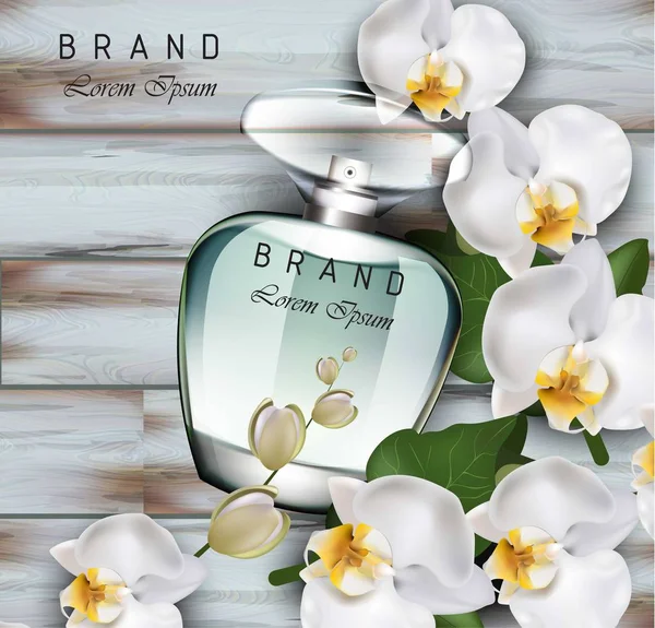 香水瓶ベクター現実的なモックを。繊細な蘭の花の香り。3 d デザイン図を包むプロダクト — ストックベクタ