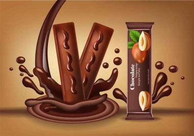 Vektör gerçekçi Fındıklı çikolata. Ürün Ambalaj etiketi tasarımı tatlılar kadar sahte