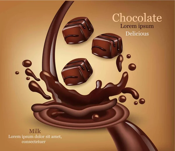 Csokoládé édességek Splash vektor reális. Részletes 3D-s illusztráció ál-sablonok — Stock Vector
