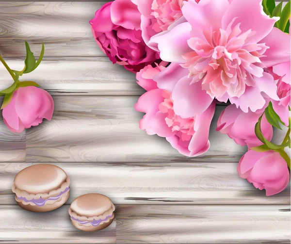 Bouquet de fleurs pivoines et macarons sur fond bois Vecteur. Modèles de printemps — Image vectorielle