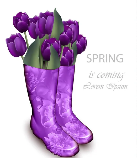 Fondo de primavera con flores de tulipán color violeta y botas florales. Ilustraciones realistas vectoriales — Archivo Imágenes Vectoriales