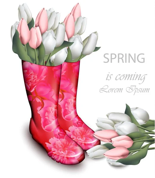 Розовые сапоги из тюльпанов. Весенний фон с цветочным и резиновым декором обуви — стоковый вектор