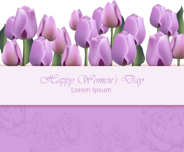 Women day card with purple tulip flowers. Vector realistic backgrounds — Stock Vector