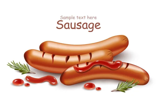 Sausage with ketchup Vector realistic isolated on white backgrounds — Stock Vector