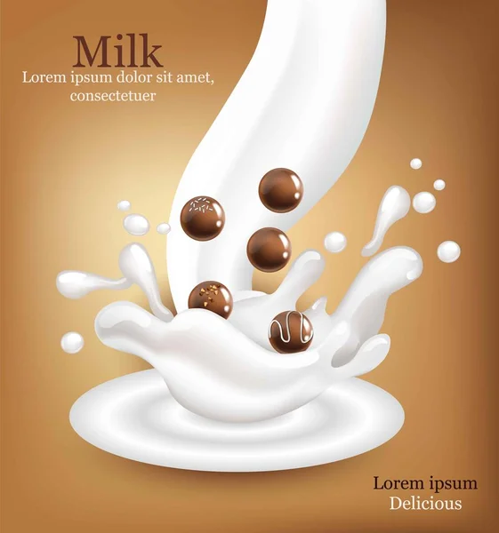 Chocolaatjes met melk splash realistische Vector. Gedetailleerde 3d illustratie mock up sjablonen — Stockvector